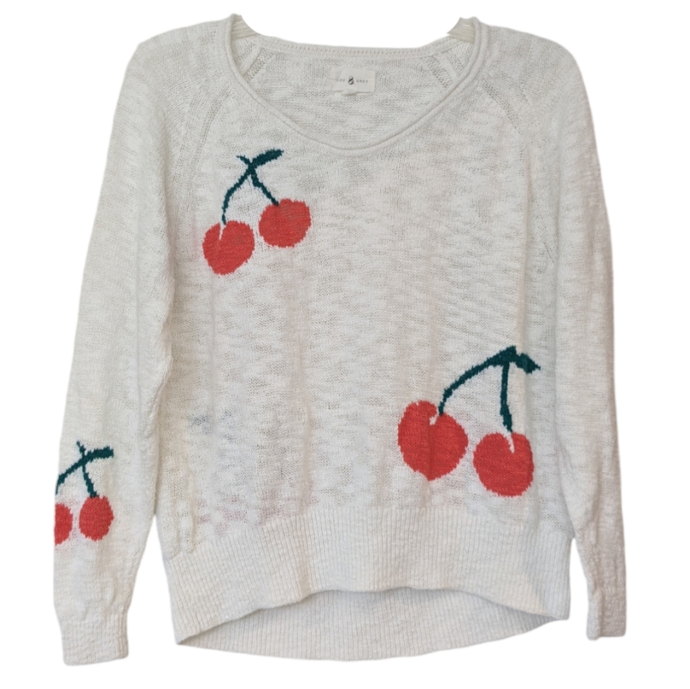 Lou & Grey cherry Lightweight sweater small long sleeve white red crew neck